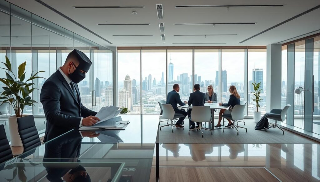 A modern, professional corporate office interior, featuring clean lines, natural light, and a focus on sustainability. In the foreground, a well-dressed executive reviews documents on a sleek glass desk, their face obscured, representing the anonymity of good corporate governance. The middle ground showcases a group of employees engaged in a collaborative meeting, discussing policies and procedures. The background depicts floor-to-ceiling windows overlooking a bustling city skyline, symbolizing the public-facing nature of the enterprise. The overall atmosphere conveys a sense of transparency, accountability, and responsible stewardship of public resources. A modern, professional corporate office interior, featuring clean lines, natural light, and a focus on sustainability. In the foreground, a well-dressed executive reviews documents on a sleek glass desk, their face obscured, representing the anonymity of good corporate governance. The middle ground showcases a group of employees engaged in a collaborative meeting, discussing policies and procedures. The background depicts floor-to-ceiling windows overlooking a bustling city skyline, symbolizing the public-facing nature of the enterprise. The overall atmosphere conveys a sense of transparency, accountability, and responsible stewardship of public resources.