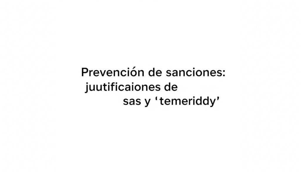 A modern, professional presentation slide with a clean, minimalist design. The slide features a large, centered title "Prevención de sanciones: justificaciones de ofertas y 'temeridad'" in a bold, sans-serif font. The background is a soft, neutral gray, with subtle texture to add depth. The overall layout is balanced and visually appealing, conveying a sense of authority and expertise. The slide projects a calm, serious, and business-oriented atmosphere, suitable for a legal presentation on public contract liquidation processes. A modern, professional presentation slide with a clean, minimalist design. The slide features a large, centered title "Prevención de sanciones: justificaciones de ofertas y 'temeridad'" in a bold, sans-serif font. The background is a soft, neutral gray, with subtle texture to add depth. The overall layout is balanced and visually appealing, conveying a sense of authority and expertise. The slide projects a calm, serious, and business-oriented atmosphere, suitable for a legal presentation on public contract liquidation processes.