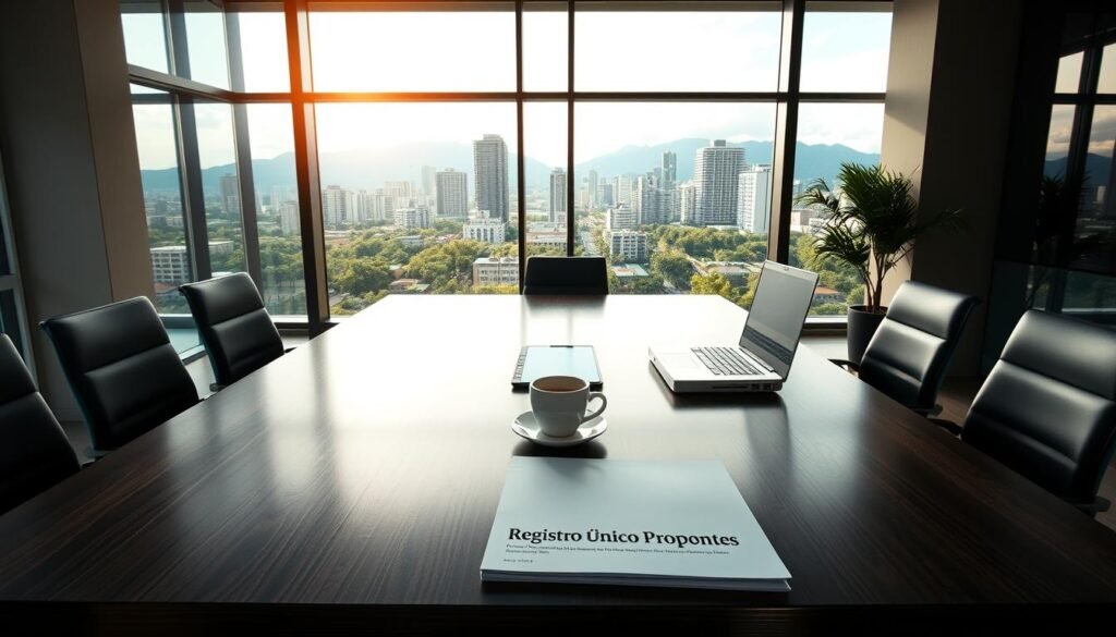 A modern, sleek office interior with a large, polished desk made of dark wood. On the desk, a laptop, a cup of coffee, and a folder labeled "Registro Único Proponentes". The room is illuminated by large windows, casting a warm, natural light across the space. In the background, a city skyline of Medellín is visible, with its distinctive architecture and lush greenery. The atmosphere is professional, sophisticated, and conveys a sense of expertise and authority in the field of consulting for state contracting. A modern, sleek office interior with a large, polished desk made of dark wood. On the desk, a laptop, a cup of coffee, and a folder labeled "Registro Único Proponentes". The room is illuminated by large windows, casting a warm, natural light across the space. In the background, a city skyline of Medellín is visible, with its distinctive architecture and lush greenery. The atmosphere is professional, sophisticated, and conveys a sense of expertise and authority in the field of consulting for state contracting.