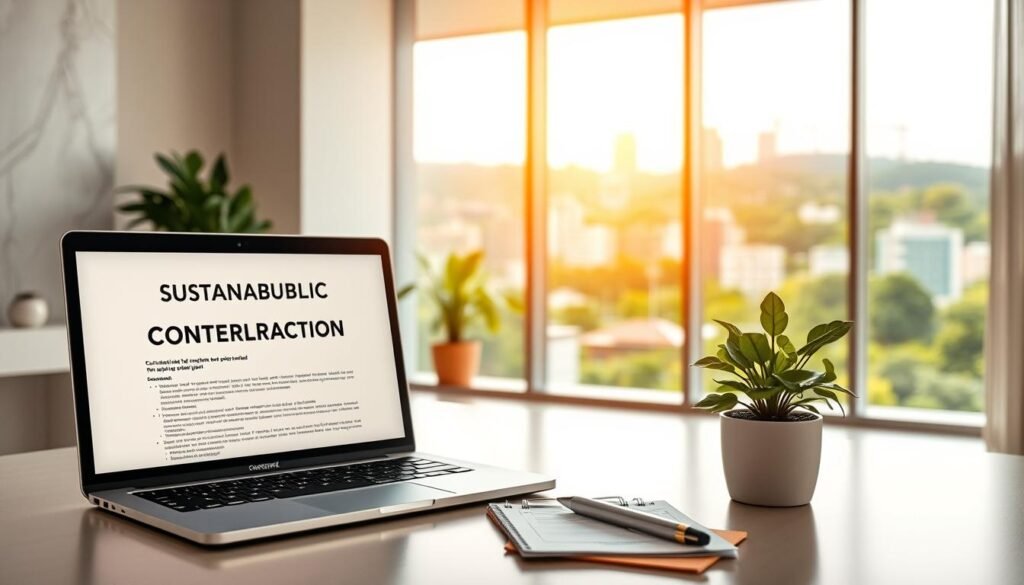 A modern, sleek office setting with a focus on sustainable public contracts in Colombia. In the foreground, a laptop displays a digital contract, its screen reflecting the warm, ambient lighting. On the desk, a minimalist desk plant and a strategically placed pen and paper emphasize the professional, eco-conscious atmosphere. The middle ground features a large window overlooking a vibrant, verdant cityscape, symbolizing the integration of sustainability into the public sector. The background showcases a modern, minimalist interior design with neutral tones and clean lines, creating a calming, productive environment. The overall scene conveys a sense of progress, efficiency, and a commitment to environmentally responsible public policies. A modern, sleek office setting with a focus on sustainable public contracts in Colombia. In the foreground, a laptop displays a digital contract, its screen reflecting the warm, ambient lighting. On the desk, a minimalist desk plant and a strategically placed pen and paper emphasize the professional, eco-conscious atmosphere. The middle ground features a large window overlooking a vibrant, verdant cityscape, symbolizing the integration of sustainability into the public sector. The background showcases a modern, minimalist interior design with neutral tones and clean lines, creating a calming, productive environment. The overall scene conveys a sense of progress, efficiency, and a commitment to environmentally responsible public policies.