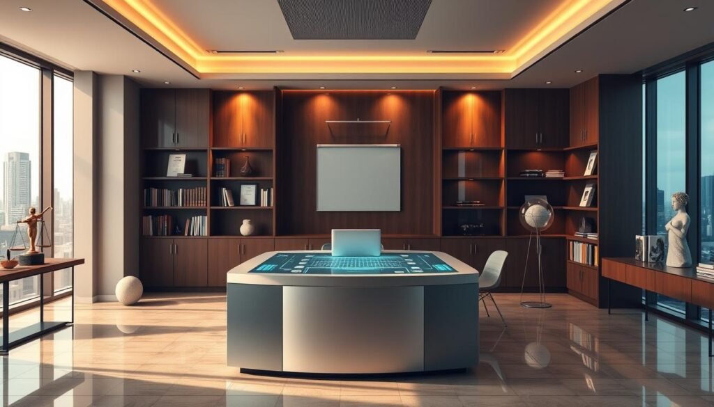 A modern, sophisticated law office setting with a 360-degree holographic display showcasing legal services for the healthcare sector. The centerpiece is a sleek, minimalist desk with a transparent digital interface. Surrounding the desk are bookshelves, framed certificates, and abstract sculptures, conveying a sense of authority and expertise. Warm, indirect lighting casts a professional ambiance, while floor-to-ceiling windows provide a vista of an urban skyline. The overall impression is one of a high-tech, future-forward legal consultancy dedicated to healthcare industry clients. A modern, sophisticated law office setting with a 360-degree holographic display showcasing legal services for the healthcare sector. The centerpiece is a sleek, minimalist desk with a transparent digital interface. Surrounding the desk are bookshelves, framed certificates, and abstract sculptures, conveying a sense of authority and expertise. Warm, indirect lighting casts a professional ambiance, while floor-to-ceiling windows provide a vista of an urban skyline. The overall impression is one of a high-tech, future-forward legal consultancy dedicated to healthcare industry clients.