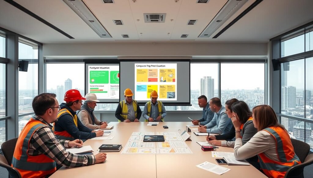 A modern, well-lit classroom setting with large windows overlooking an urban skyline. On a central table, a group of construction workers and engineers are gathered, engaged in a training session. Colorful presentations and diagrams are projected onto a large screen, illustrating key construction regulations and best practices. The attendees lean in, taking notes and discussing the material intently. The atmosphere is one of focused learning and professional development, conveying the importance of continuous education and legal compliance for construction teams. A modern, well-lit classroom setting with large windows overlooking an urban skyline. On a central table, a group of construction workers and engineers are gathered, engaged in a training session. Colorful presentations and diagrams are projected onto a large screen, illustrating key construction regulations and best practices. The attendees lean in, taking notes and discussing the material intently. The atmosphere is one of focused learning and professional development, conveying the importance of continuous education and legal compliance for construction teams.