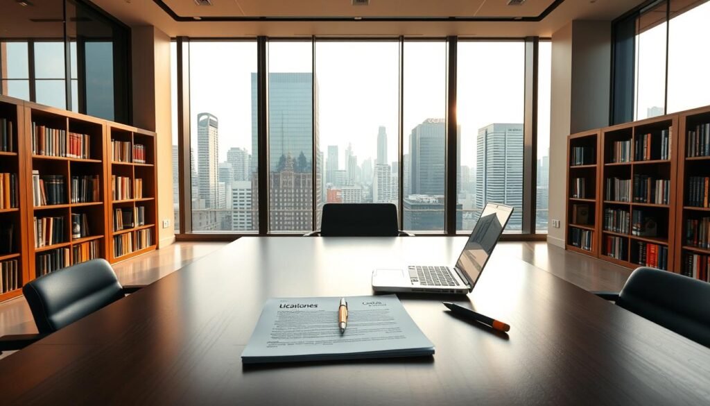 A modern, well-lit office interior with a large desk and chair in the foreground. On the desk, a laptop, pen, and documents labeled "licitaciones" are neatly arranged. In the middle ground, bookshelves line the walls, hinting at the expertise of the legal professional. The background features floor-to-ceiling windows overlooking a bustling urban skyline, conveying a sense of professionalism and authority. The lighting is warm and inviting, creating a professional yet approachable atmosphere. The overall scene suggests the services of a legal expert specialized in public contract audits and advising in Colombia. A modern, well-lit office interior with a large desk and chair in the foreground. On the desk, a laptop, pen, and documents labeled "licitaciones" are neatly arranged. In the middle ground, bookshelves line the walls, hinting at the expertise of the legal professional. The background features floor-to-ceiling windows overlooking a bustling urban skyline, conveying a sense of professionalism and authority. The lighting is warm and inviting, creating a professional yet approachable atmosphere. The overall scene suggests the services of a legal expert specialized in public contract audits and advising in Colombia.