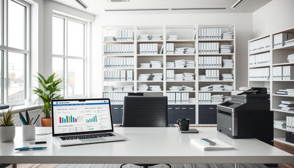 A modern, well-organized office space with a clean, minimalist aesthetic. In the foreground, a sleek desk with a laptop, stylish office supplies, and a high-quality printer. On the desk, a tablet or mobile device displays a digital management system interface, showcasing key performance metrics and task management tools. In the middle ground, floor-to-ceiling shelves filled with neatly arranged binders and folders, representing the documentation and records essential for a robust quality management system. The background features large windows letting in natural light, creating a bright and airy atmosphere conducive to productivity and efficiency. The overall scene conveys a sense of professionalism, attention to detail, and a commitment to streamlined, ISO-compliant processes. A modern, well-organized office space with a clean, minimalist aesthetic. In the foreground, a sleek desk with a laptop, stylish office supplies, and a high-quality printer. On the desk, a tablet or mobile device displays a digital management system interface, showcasing key performance metrics and task management tools. In the middle ground, floor-to-ceiling shelves filled with neatly arranged binders and folders, representing the documentation and records essential for a robust quality management system. The background features large windows letting in natural light, creating a bright and airy atmosphere conducive to productivity and efficiency. The overall scene conveys a sense of professionalism, attention to detail, and a commitment to streamlined, ISO-compliant processes.