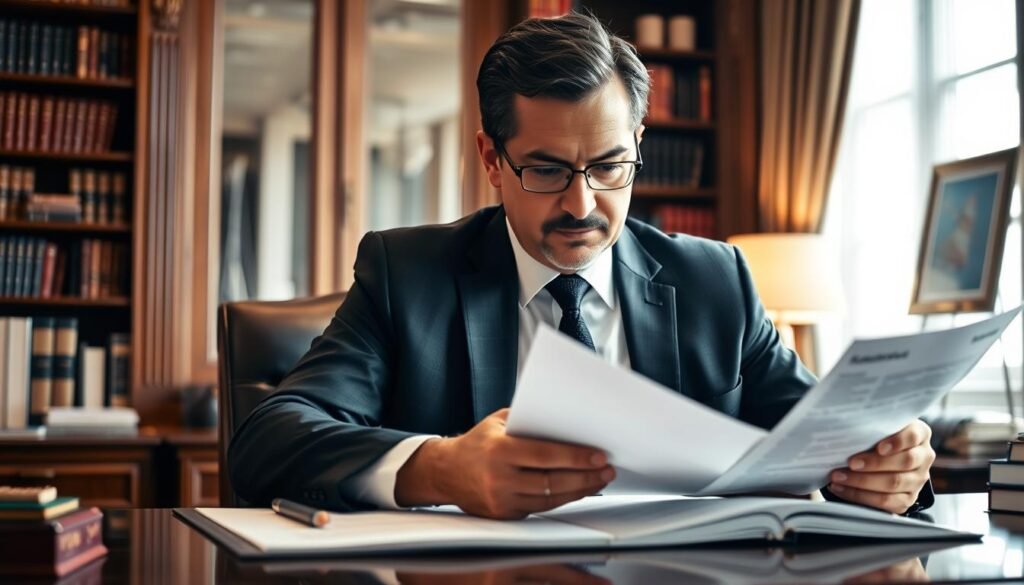 A professional abogado seated at a desk, deep in concentration, reviewing legal documents and contracts. The office environment is elegant, with floor-to-ceiling bookshelves and refined decor. Soft, warm lighting illuminates the scene, creating a sense of expertise and professionalism. The abogado's facial expression conveys a thoughtful, analytical demeanor, reflecting their specialized knowledge in state contracting. The overall composition emphasizes the abogado's role as a trusted advisor, guiding clients through the complexities of legal and regulatory frameworks. A professional abogado seated at a desk, deep in concentration, reviewing legal documents and contracts. The office environment is elegant, with floor-to-ceiling bookshelves and refined decor. Soft, warm lighting illuminates the scene, creating a sense of expertise and professionalism. The abogado's facial expression conveys a thoughtful, analytical demeanor, reflecting their specialized knowledge in state contracting. The overall composition emphasizes the abogado's role as a trusted advisor, guiding clients through the complexities of legal and regulatory frameworks.