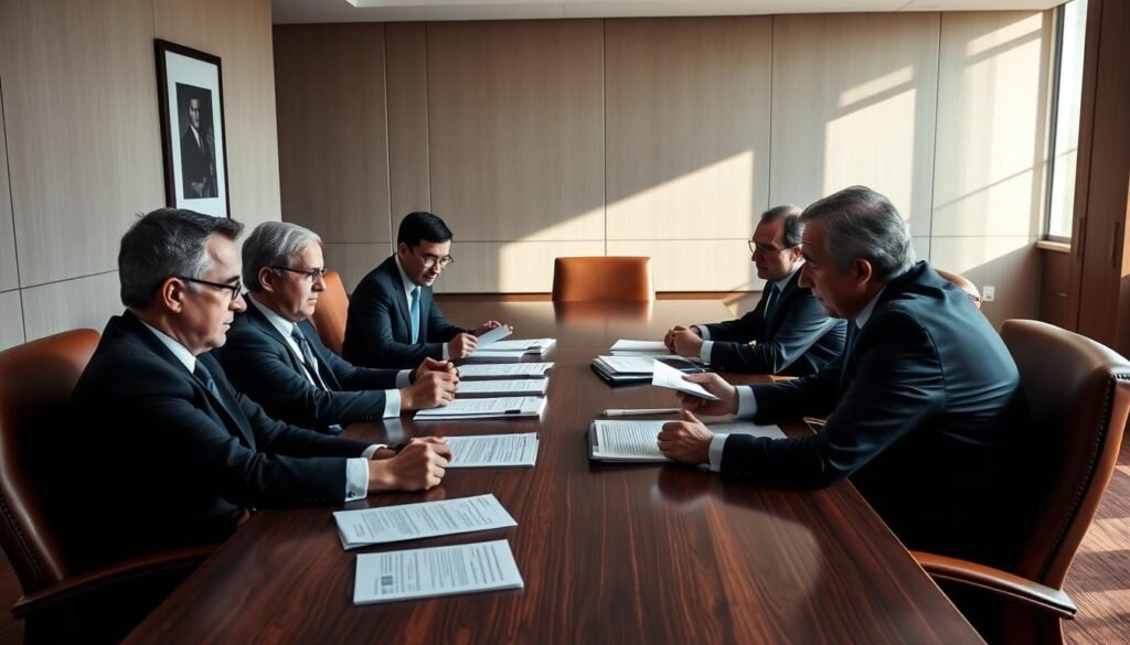 A professional advisory meeting, with experts discussing sanctions risk management strategies for public procurement contracts. A boardroom setting, with a large wooden table and leather chairs. Serious-looking individuals, dressed in formal business attire, examining documents and engaging in an intense discussion. Soft, directional lighting casts shadows, creating an atmosphere of thoughtful deliberation. The room's decor is minimal, with muted colors and clean lines, allowing the focus to remain on the participants and their work. The overall mood conveys the gravity and importance of the subject matter.