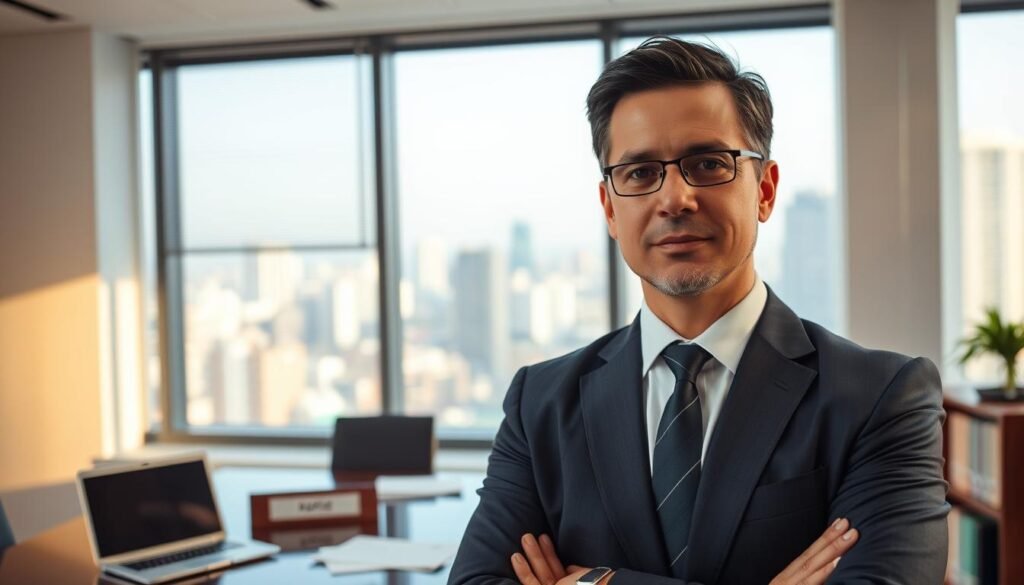 A professional, experienced attorney standing confidently in a modern law office in Barranquilla, Colombia. The foreground features the attorney in a well-tailored suit, with a focused expression and an air of authority. The middle ground showcases a neatly organized desk with a laptop, legal documents, and a nameplate displaying "Abogado Liquidación Contratos Públicos". The background depicts the cityscape of Barranquilla through large windows, suggesting the attorney's expertise in public contract liquidation processes. The lighting is warm and inviting, creating a sense of professionalism and competence. A professional, experienced attorney standing confidently in a modern law office in Barranquilla, Colombia. The foreground features the attorney in a well-tailored suit, with a focused expression and an air of authority. The middle ground showcases a neatly organized desk with a laptop, legal documents, and a nameplate displaying "Abogado Liquidación Contratos Públicos". The background depicts the cityscape of Barranquilla through large windows, suggesting the attorney's expertise in public contract liquidation processes. The lighting is warm and inviting, creating a sense of professionalism and competence.