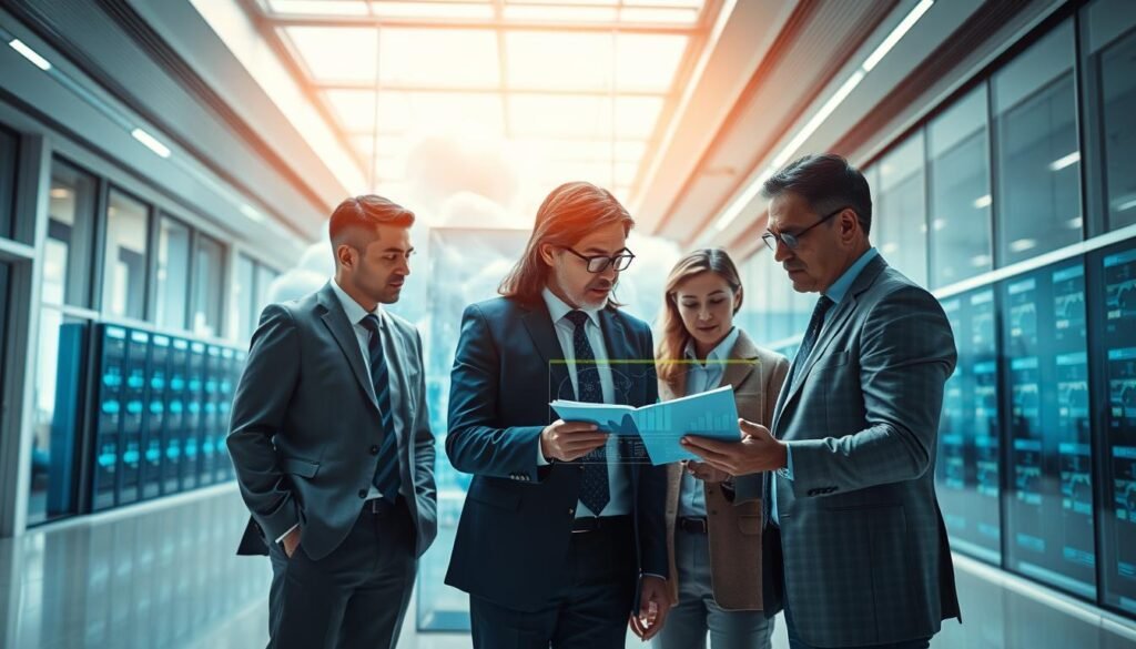 A professional, high-quality image depicting the concept of "public procurement" in a modern, ethical, and technologically-advanced setting. Set in a well-lit, airy office environment, the foreground features a team of government officials and consultants collaborating over a large touchscreen display, reviewing data visualizations and digital contract documents. The middle ground showcases a futuristic cloud computing infrastructure, with servers and data centers in the background. The overall mood is one of efficiency, transparency, and a commitment to responsible, data-driven decision-making in the public sector. A professional, high-quality image depicting the concept of "public procurement" in a modern, ethical, and technologically-advanced setting. Set in a well-lit, airy office environment, the foreground features a team of government officials and consultants collaborating over a large touchscreen display, reviewing data visualizations and digital contract documents. The middle ground showcases a futuristic cloud computing infrastructure, with servers and data centers in the background. The overall mood is one of efficiency, transparency, and a commitment to responsible, data-driven decision-making in the public sector.