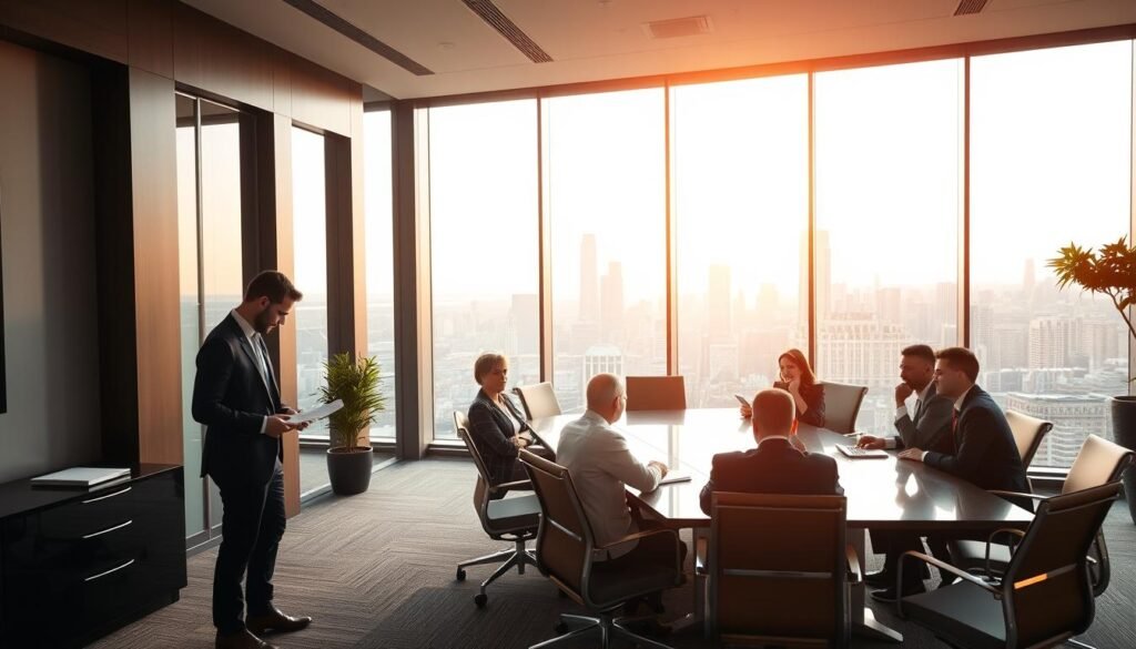 A professional office setting with a sleek, contemporary design. In the foreground, a business person stands at a desk, reviewing documents and conversing with a client. The middle ground features a group of people in formal attire, engaged in a meeting around a polished conference table. The background showcases a panoramic view of a bustling city skyline through large windows, bathed in warm, golden-hour lighting. The overall atmosphere conveys an air of professionalism, efficiency, and attention to detail, reflecting the high-quality consulting services offered. A professional office setting with a sleek, contemporary design. In the foreground, a business person stands at a desk, reviewing documents and conversing with a client. The middle ground features a group of people in formal attire, engaged in a meeting around a polished conference table. The background showcases a panoramic view of a bustling city skyline through large windows, bathed in warm, golden-hour lighting. The overall atmosphere conveys an air of professionalism, efficiency, and attention to detail, reflecting the high-quality consulting services offered.