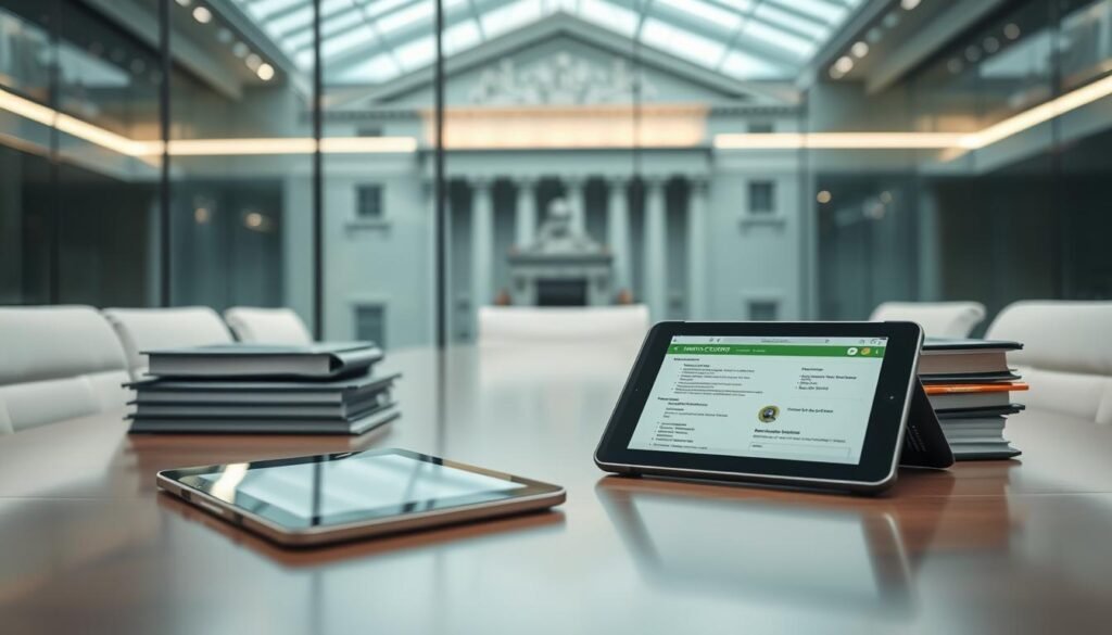 A public procurement process unfolding with transparency and efficiency. A desk in a modern office, meticulously organized, symbolizing the fast, streamlined "mínima cuantía" acquisition method. Crisp, clean lighting illuminates the scene, casting a professional, authoritative atmosphere. In the foreground, a tablet displays procurement details, while the background features architectural elements suggesting a government building. The overall impression conveys a sense of order, precision, and the responsible management of public resources. A public procurement process unfolding with transparency and efficiency. A desk in a modern office, meticulously organized, symbolizing the fast, streamlined "mínima cuantía" acquisition method. Crisp, clean lighting illuminates the scene, casting a professional, authoritative atmosphere. In the foreground, a tablet displays procurement details, while the background features architectural elements suggesting a government building. The overall impression conveys a sense of order, precision, and the responsible management of public resources.