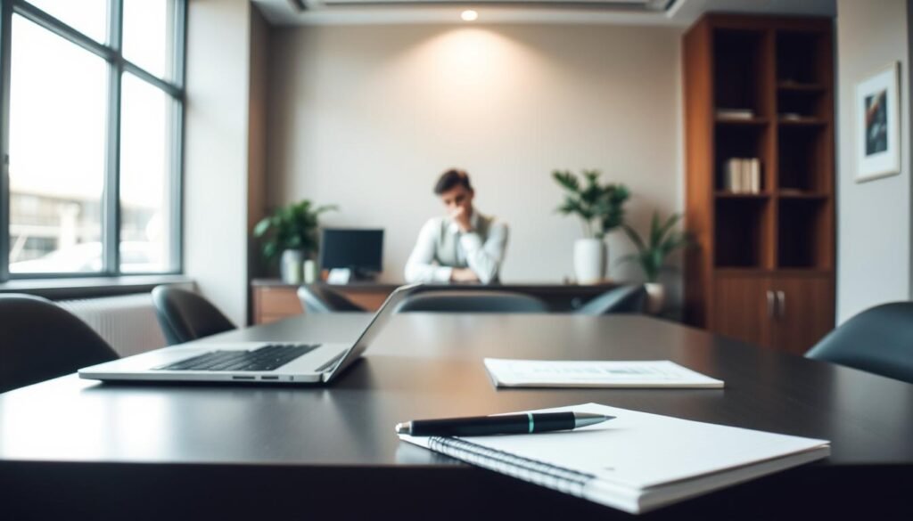 A serene and contemplative professional scene, set in a modern office environment. The foreground features a desk with a laptop, pen, and notepad, subtly conveying the concept of "experiencia" through the tools of the trade. The middle ground showcases a person, presumably a consultant, sitting in a thoughtful pose, deep in concentration. The background depicts a tasteful, minimalist decor with clean lines, soft lighting, and a muted color palette, creating a calming and productive atmosphere. The overall tone evokes a sense of expertise, diligence, and the accumulation of valuable professional knowledge. A serene and contemplative professional scene, set in a modern office environment. The foreground features a desk with a laptop, pen, and notepad, subtly conveying the concept of "experiencia" through the tools of the trade. The middle ground showcases a person, presumably a consultant, sitting in a thoughtful pose, deep in concentration. The background depicts a tasteful, minimalist decor with clean lines, soft lighting, and a muted color palette, creating a calming and productive atmosphere. The overall tone evokes a sense of expertise, diligence, and the accumulation of valuable professional knowledge.