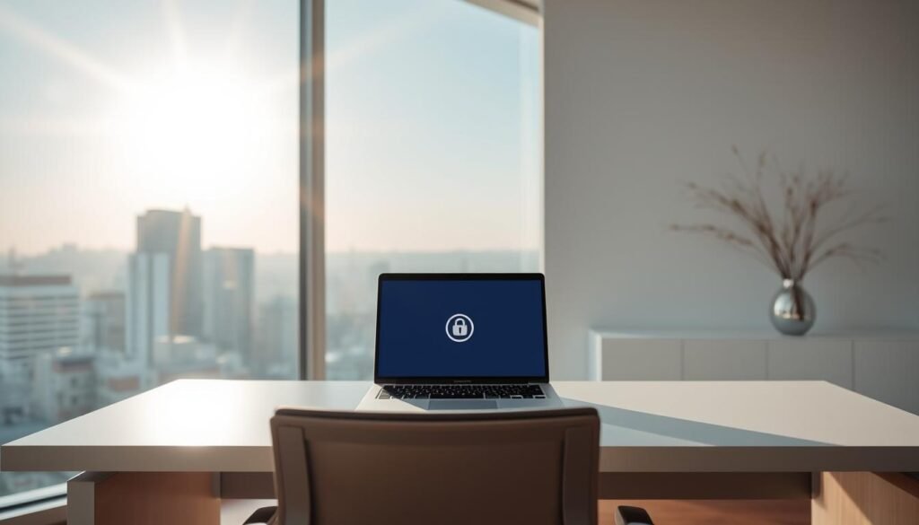 A serene office scene with a sleek, modern desk and chair in the foreground. On the desk, a laptop displays a secure data protection icon, symbolizing the concept of "protección datos personales". The middle ground features a glass window overlooking a cityscape, with the sun's rays casting a warm, diffused light throughout the space. The background showcases a minimalist, yet sophisticated wall decor, accentuating the professional and tech-savvy atmosphere. The overall composition conveys a sense of security, efficiency, and compliance with data privacy regulations. A serene office scene with a sleek, modern desk and chair in the foreground. On the desk, a laptop displays a secure data protection icon, symbolizing the concept of "protección datos personales". The middle ground features a glass window overlooking a cityscape, with the sun's rays casting a warm, diffused light throughout the space. The background showcases a minimalist, yet sophisticated wall decor, accentuating the professional and tech-savvy atmosphere. The overall composition conveys a sense of security, efficiency, and compliance with data privacy regulations.