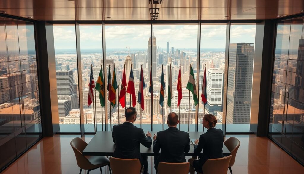 A sleek and modern corporate office interior, with glass walls and minimalist furniture. In the foreground, a group of business professionals in suits are engaged in a discussion around a large conference table, their expressions focused and serious. The middle ground features an impressive display of international flags, representing the multinational nature of the company. The background showcases a panoramic view of a bustling city skyline, bathed in warm, natural lighting that filters through the glass facade. The overall atmosphere conveys a sense of professionalism, compliance, and global business operations. A sleek and modern corporate office interior, with glass walls and minimalist furniture. In the foreground, a group of business professionals in suits are engaged in a discussion around a large conference table, their expressions focused and serious. The middle ground features an impressive display of international flags, representing the multinational nature of the company. The background showcases a panoramic view of a bustling city skyline, bathed in warm, natural lighting that filters through the glass facade. The overall atmosphere conveys a sense of professionalism, compliance, and global business operations.