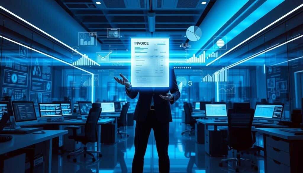 A sleek, modern office interior with an array of digital devices and screens. A professional in a suit stands at the center, gesturing towards a holographic e-invoice projected in midair, surrounded by floating data visualizations and analytics. The scene is bathed in cool, blue-tinted lighting, creating a sophisticated, technology-driven atmosphere. The focus is on the seamless integration of technology and human expertise, showcasing the power of e-invoicing as a service model for compliance management. A sleek, modern office interior with an array of digital devices and screens. A professional in a suit stands at the center, gesturing towards a holographic e-invoice projected in midair, surrounded by floating data visualizations and analytics. The scene is bathed in cool, blue-tinted lighting, creating a sophisticated, technology-driven atmosphere. The focus is on the seamless integration of technology and human expertise, showcasing the power of e-invoicing as a service model for compliance management.