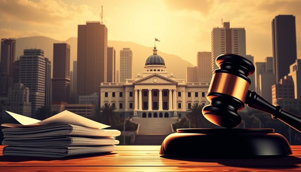A sophisticated, high-contrast administrative law illustration set against the backdrop of the bustling city of Bogotá. In the foreground, a gavel and a stack of legal documents, symbolizing the legal proceedings and regulations governing state contracts. In the middle ground, a grand government building with its imposing façade, representing the Colombian administrative system. The background features the iconic skyline of Bogotá, with its mix of modern skyscrapers and historic architecture, conveying the complex interplay between the public and private sectors. The lighting is dramatic, casting deep shadows and highlighting the gravitas of the administrative law domain. The overall mood is one of authority, professionalism, and the gravity of the state contracting process. A sophisticated, high-contrast administrative law illustration set against the backdrop of the bustling city of Bogotá. In the foreground, a gavel and a stack of legal documents, symbolizing the legal proceedings and regulations governing state contracts. In the middle ground, a grand government building with its imposing façade, representing the Colombian administrative system. The background features the iconic skyline of Bogotá, with its mix of modern skyscrapers and historic architecture, conveying the complex interplay between the public and private sectors. The lighting is dramatic, casting deep shadows and highlighting the gravitas of the administrative law domain. The overall mood is one of authority, professionalism, and the gravity of the state contracting process.