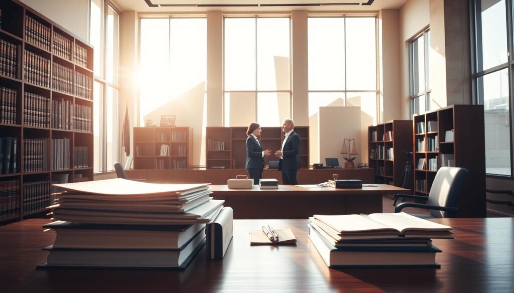A spacious administrative office interior, bathed in warm, natural light streaming through large windows. A wooden desk dominates the foreground, neatly organized with folders, a computer, and writing implements. Behind it, a bookshelf filled with legal tomes stands as a symbol of the administrative process. In the middle ground, two individuals are engaged in a discussion, their body language conveying a sense of formality and professionalism. The background features abstract architectural elements, hinting at the bureaucratic nature of the procedimiento administrativo contencioso. The overall mood is one of efficiency, authority, and attention to detail, reflecting the evidence, measures, and hearings that take place within this administrative setting. A spacious administrative office interior, bathed in warm, natural light streaming through large windows. A wooden desk dominates the foreground, neatly organized with folders, a computer, and writing implements. Behind it, a bookshelf filled with legal tomes stands as a symbol of the administrative process. In the middle ground, two individuals are engaged in a discussion, their body language conveying a sense of formality and professionalism. The background features abstract architectural elements, hinting at the bureaucratic nature of the procedimiento administrativo contencioso. The overall mood is one of efficiency, authority, and attention to detail, reflecting the evidence, measures, and hearings that take place within this administrative setting.