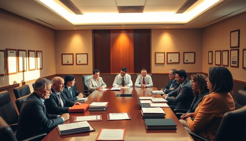 A spacious and well-lit conference room, with a large table surrounded by chairs. On the table, various legal documents and folders are neatly arranged, conveying an atmosphere of professional diligence. The walls are adorned with diplomas and certificates, suggesting the expertise of the legal consultants present. Warm, directional lighting illuminates the scene, casting subtle shadows that add depth and dimension. In the foreground, a group of individuals, presumably lawyers and health sector representatives, are engaged in a serious discussion, their expressions focused and attentive. The overall scene exudes a sense of authority, attention to detail, and a commitment to upholding the law within the health sector. A spacious and well-lit conference room, with a large table surrounded by chairs. On the table, various legal documents and folders are neatly arranged, conveying an atmosphere of professional diligence. The walls are adorned with diplomas and certificates, suggesting the expertise of the legal consultants present. Warm, directional lighting illuminates the scene, casting subtle shadows that add depth and dimension. In the foreground, a group of individuals, presumably lawyers and health sector representatives, are engaged in a serious discussion, their expressions focused and attentive. The overall scene exudes a sense of authority, attention to detail, and a commitment to upholding the law within the health sector.