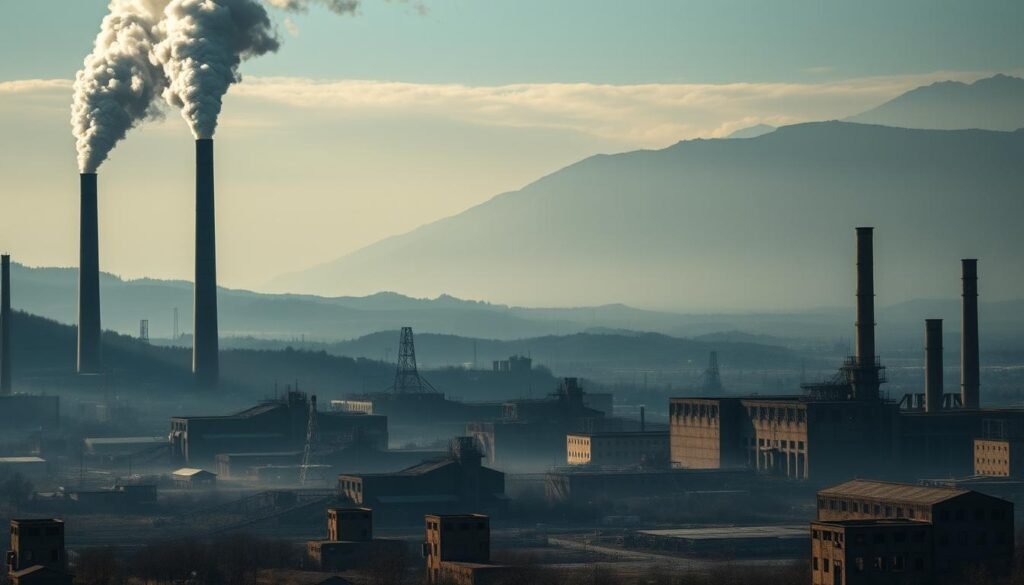 A sprawling industrial landscape, shrouded in an eerie haze. In the foreground, a towering smokestack belches toxic plumes, casting an ominous shadow over the scene. Abandoned factory buildings, their crumbling walls a testament to environmental neglect, litter the middle ground. In the distance, a looming mountain range, its once pristine peaks now marred by the scars of deforestation and mining. The overall atmosphere is one of environmental degradation, a stark reminder of the consequences of unchecked corporate greed and regulatory failure. Dramatic cinematic lighting casts dramatic shadows, heightening the sense of foreboding. A wide-angle lens captures the full scope of this environmental "delito", a powerful visual indictment of the systems that enable such harm. A sprawling industrial landscape, shrouded in an eerie haze. In the foreground, a towering smokestack belches toxic plumes, casting an ominous shadow over the scene. Abandoned factory buildings, their crumbling walls a testament to environmental neglect, litter the middle ground. In the distance, a looming mountain range, its once pristine peaks now marred by the scars of deforestation and mining. The overall atmosphere is one of environmental degradation, a stark reminder of the consequences of unchecked corporate greed and regulatory failure. Dramatic cinematic lighting casts dramatic shadows, heightening the sense of foreboding. A wide-angle lens captures the full scope of this environmental "delito", a powerful visual indictment of the systems that enable such harm.