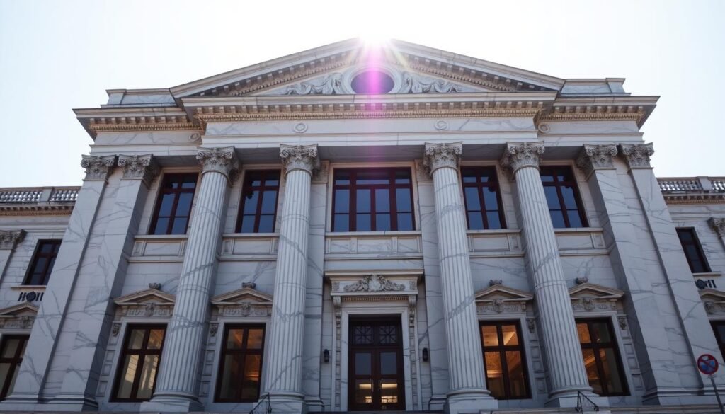 A stately and imposing marble building with a grand facade, adorned with ornate columns and intricate carvings. The structure stands tall, commanding attention and radiating a sense of authority. Sunlight filters through the large windows, casting warm, natural illumination across the scene. The building's elegant design and precise architectural details suggest it is the Corte Constitucional, the judicial institution responsible for interpreting Colombia's constitution. The image conveys a sense of solemnity, power, and the weight of constitutional decisions made within its walls. A stately and imposing marble building with a grand facade, adorned with ornate columns and intricate carvings. The structure stands tall, commanding attention and radiating a sense of authority. Sunlight filters through the large windows, casting warm, natural illumination across the scene. The building's elegant design and precise architectural details suggest it is the Corte Constitucional, the judicial institution responsible for interpreting Colombia's constitution. The image conveys a sense of solemnity, power, and the weight of constitutional decisions made within its walls.