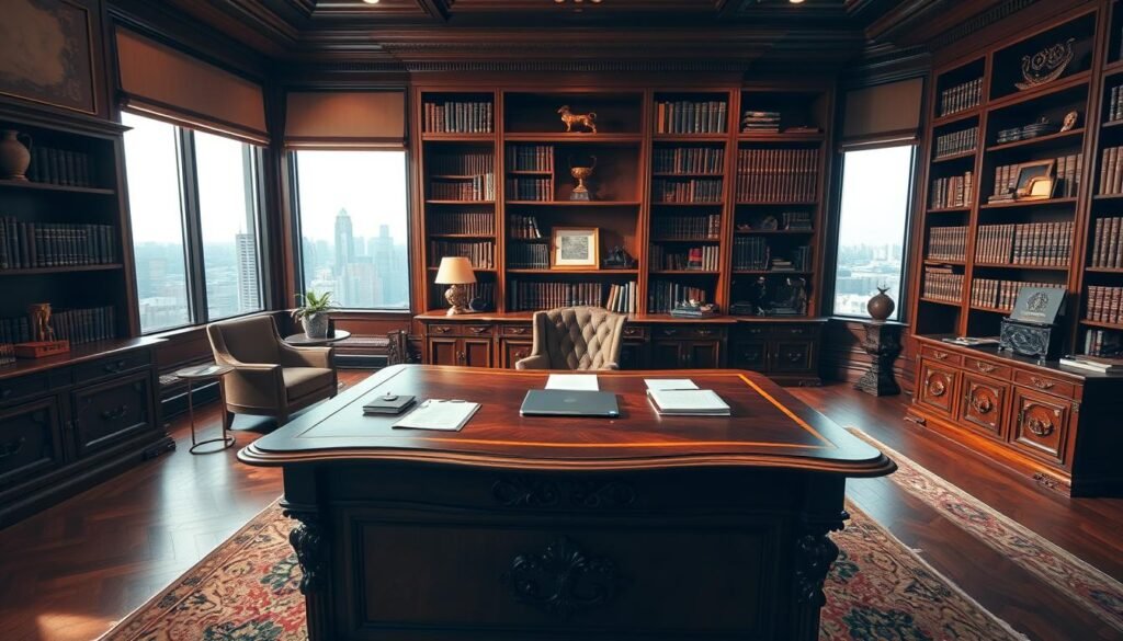 A stately yet modern office interior, bathed in warm, diffused light. In the foreground, a large, ornate oak desk takes center stage, its surface adorned with neatly arranged business documents and a laptop. Behind it, a floor-to-ceiling bookshelf displays leather-bound volumes and decorative elements, conveying a sense of authority and expertise. In the middle ground, a comfortable armchair and side table suggest a space for thoughtful contemplation. The background features a panoramic window overlooking a vibrant cityscape, symbolizing the connection between the individual and the broader community. The overall atmosphere radiates professionalism, confidence, and a strong capacity for providing effective state contracting advisory services. A stately yet modern office interior, bathed in warm, diffused light. In the foreground, a large, ornate oak desk takes center stage, its surface adorned with neatly arranged business documents and a laptop. Behind it, a floor-to-ceiling bookshelf displays leather-bound volumes and decorative elements, conveying a sense of authority and expertise. In the middle ground, a comfortable armchair and side table suggest a space for thoughtful contemplation. The background features a panoramic window overlooking a vibrant cityscape, symbolizing the connection between the individual and the broader community. The overall atmosphere radiates professionalism, confidence, and a strong capacity for providing effective state contracting advisory services.