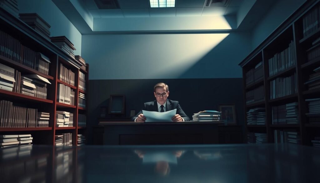 A sterile government office interior, with a large desk and imposing shelves of legal documents in the foreground. In the middle ground, a stern-faced public official sits at the desk, reviewing paperwork with a serious expression. The background is dimly lit, casting dramatic shadows and conveying a sense of gravity and authority. The lighting is cool and clinical, emphasizing the formal, bureaucratic nature of the scene. The overall atmosphere is one of disciplined order, underscoring the solemn process of governmental sanctions and compliance. A sterile government office interior, with a large desk and imposing shelves of legal documents in the foreground. In the middle ground, a stern-faced public official sits at the desk, reviewing paperwork with a serious expression. The background is dimly lit, casting dramatic shadows and conveying a sense of gravity and authority. The lighting is cool and clinical, emphasizing the formal, bureaucratic nature of the scene. The overall atmosphere is one of disciplined order, underscoring the solemn process of governmental sanctions and compliance.
