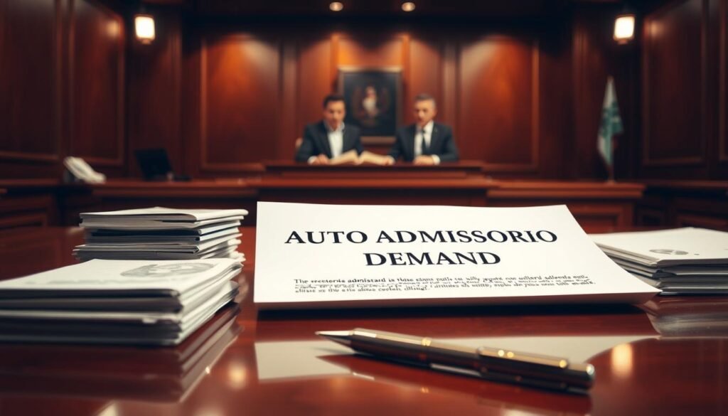 A striking courtroom scene with a legal document labeled "Auto Admisorio Demanda" prominently displayed on a polished wooden table. The space is bathed in warm, soft lighting, creating an atmosphere of gravity and deliberation. In the foreground, a stack of legal files and a pen rest, hinting at the complexities of the proceedings. In the middle ground, two figures, presumably lawyers or judges, engage in a thoughtful discussion, their expressions serious yet considered. The background is slightly blurred, keeping the focus on the central elements of the composition. The overall mood conveys the weight and significance of the "revocatoria directa" process being discussed in the article. A striking courtroom scene with a legal document labeled "Auto Admisorio Demanda" prominently displayed on a polished wooden table. The space is bathed in warm, soft lighting, creating an atmosphere of gravity and deliberation. In the foreground, a stack of legal files and a pen rest, hinting at the complexities of the proceedings. In the middle ground, two figures, presumably lawyers or judges, engage in a thoughtful discussion, their expressions serious yet considered. The background is slightly blurred, keeping the focus on the central elements of the composition. The overall mood conveys the weight and significance of the "revocatoria directa" process being discussed in the article.