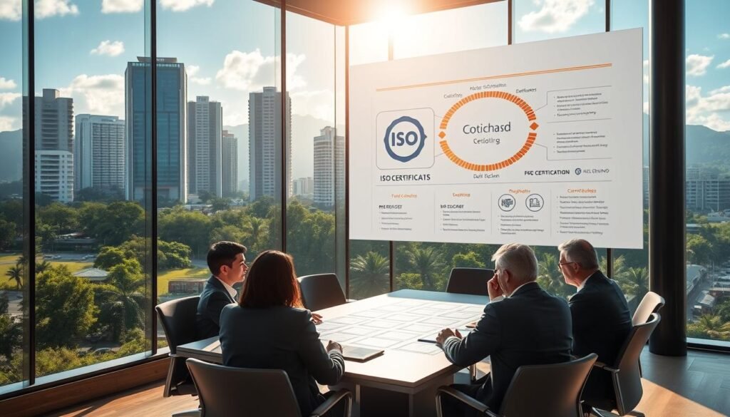 A sun-drenched Colombian cityscape, with modern high-rises and lush greenery in the background. In the foreground, a group of business professionals in formal attire, gathered around a conference table, engaged in a collaborative discussion. Detailed schematics and diagrams of ISO certification processes are projected onto a large screen, illuminating the room with a warm, professional glow. The scene conveys a sense of progress, expertise, and a commitment to international standards and best practices within the Colombian state contracting sector. A sun-drenched Colombian cityscape, with modern high-rises and lush greenery in the background. In the foreground, a group of business professionals in formal attire, gathered around a conference table, engaged in a collaborative discussion. Detailed schematics and diagrams of ISO certification processes are projected onto a large screen, illuminating the room with a warm, professional glow. The scene conveys a sense of progress, expertise, and a commitment to international standards and best practices within the Colombian state contracting sector.