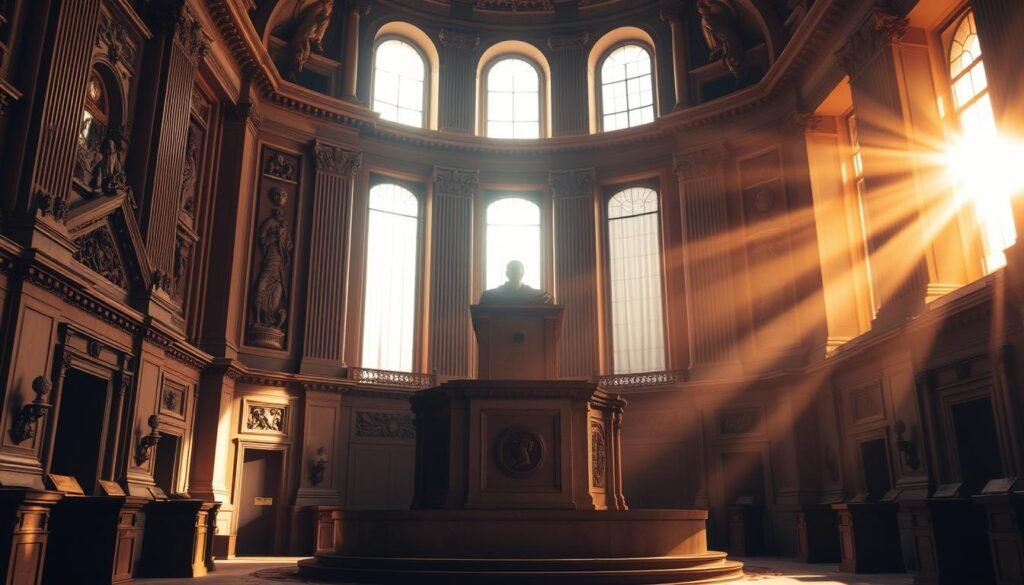 A sweeping, elegant architectural interior featuring a grandiose dais and podium, bathed in warm, golden light streaming through tall windows. Intricately carved stonework and ornate moldings adorn the walls, conveying a sense of governmental authority and importance. The scene has a somber, serious atmosphere, appropriate for an official state ceremony or legal proceeding. The lighting is dramatic, creating dramatic shadows and highlights that lend an air of gravitas to the setting. The composition is balanced and symmetrical, with the central podium drawing the eye and commanding attention. An air of solemnity and solemnity pervades the scene, befitting the weighty subject matter. A sweeping, elegant architectural interior featuring a grandiose dais and podium, bathed in warm, golden light streaming through tall windows. Intricately carved stonework and ornate moldings adorn the walls, conveying a sense of governmental authority and importance. The scene has a somber, serious atmosphere, appropriate for an official state ceremony or legal proceeding. The lighting is dramatic, creating dramatic shadows and highlights that lend an air of gravitas to the setting. The composition is balanced and symmetrical, with the central podium drawing the eye and commanding attention. An air of solemnity and solemnity pervades the scene, befitting the weighty subject matter.
