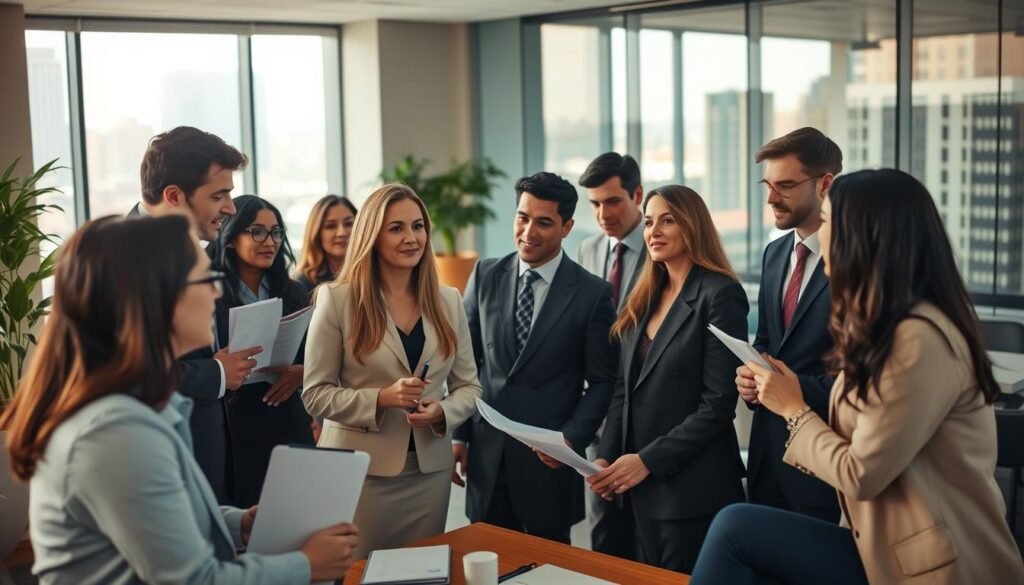 A team of diverse legal professionals collaborating in a warm, well-lit office space. In the foreground, a group of lawyers, consultants, and specialists engaged in a lively discussion, their expressions focused and purposeful. The middle ground reveals a modern, open-plan layout with sleek furniture and elegant decor, conveying a sense of professionalism and efficiency. The background features large windows overlooking a bustling cityscape, bathing the scene in a soft, natural light that enhances the collaborative atmosphere. The overall mood is one of expertise, camaraderie, and a commitment to providing comprehensive, multidisciplinary legal services. A team of diverse legal professionals collaborating in a warm, well-lit office space. In the foreground, a group of lawyers, consultants, and specialists engaged in a lively discussion, their expressions focused and purposeful. The middle ground reveals a modern, open-plan layout with sleek furniture and elegant decor, conveying a sense of professionalism and efficiency. The background features large windows overlooking a bustling cityscape, bathing the scene in a soft, natural light that enhances the collaborative atmosphere. The overall mood is one of expertise, camaraderie, and a commitment to providing comprehensive, multidisciplinary legal services.