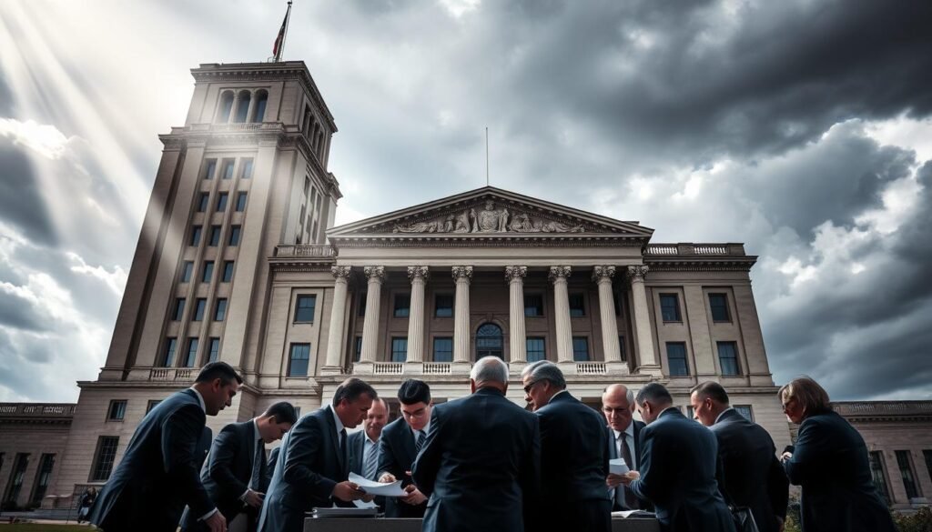 A towering government building, its facade adorned with grand columns and intricate architectural details, stands majestically against a backdrop of a cloudy, dramatic sky. Beams of light pierce through the clouds, casting a sense of urgency and importance upon the scene. In the foreground, a group of government officials and procurement specialists huddle around a table, poring over documents and discussing the intricacies of the "C-163/20 emergency procurement" process, their expressions conveying the gravity of the situation. The lighting is stark, highlighting the seriousness of the matter at hand, while the overall composition suggests a sense of urgency and the need for decisive action. A towering government building, its facade adorned with grand columns and intricate architectural details, stands majestically against a backdrop of a cloudy, dramatic sky. Beams of light pierce through the clouds, casting a sense of urgency and importance upon the scene. In the foreground, a group of government officials and procurement specialists huddle around a table, poring over documents and discussing the intricacies of the "C-163/20 emergency procurement" process, their expressions conveying the gravity of the situation. The lighting is stark, highlighting the seriousness of the matter at hand, while the overall composition suggests a sense of urgency and the need for decisive action.