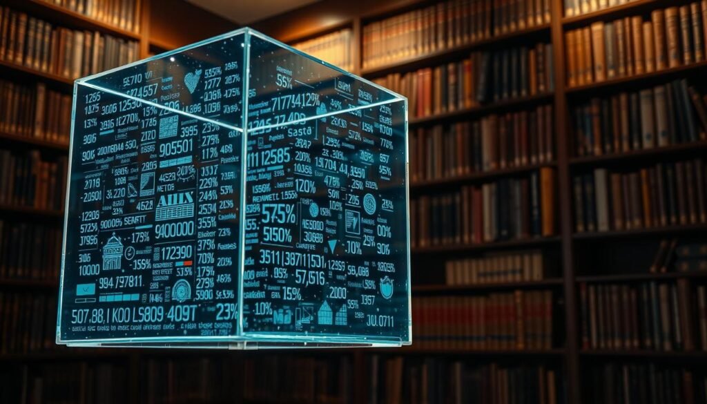 A transparent glass cube, its inner surfaces displaying a flurry of numerical data and statistics, hovers in a dimly lit room. The cube is illuminated from within, casting a soft, ethereal glow that reflects off the polished surfaces. In the background, a towering bookshelf filled with neatly organized volumes suggests a sense of knowledge and authority. The scene conveys a balanced atmosphere of governance, accountability, and the importance of data transparency in the public sector. A transparent glass cube, its inner surfaces displaying a flurry of numerical data and statistics, hovers in a dimly lit room. The cube is illuminated from within, casting a soft, ethereal glow that reflects off the polished surfaces. In the background, a towering bookshelf filled with neatly organized volumes suggests a sense of knowledge and authority. The scene conveys a balanced atmosphere of governance, accountability, and the importance of data transparency in the public sector.