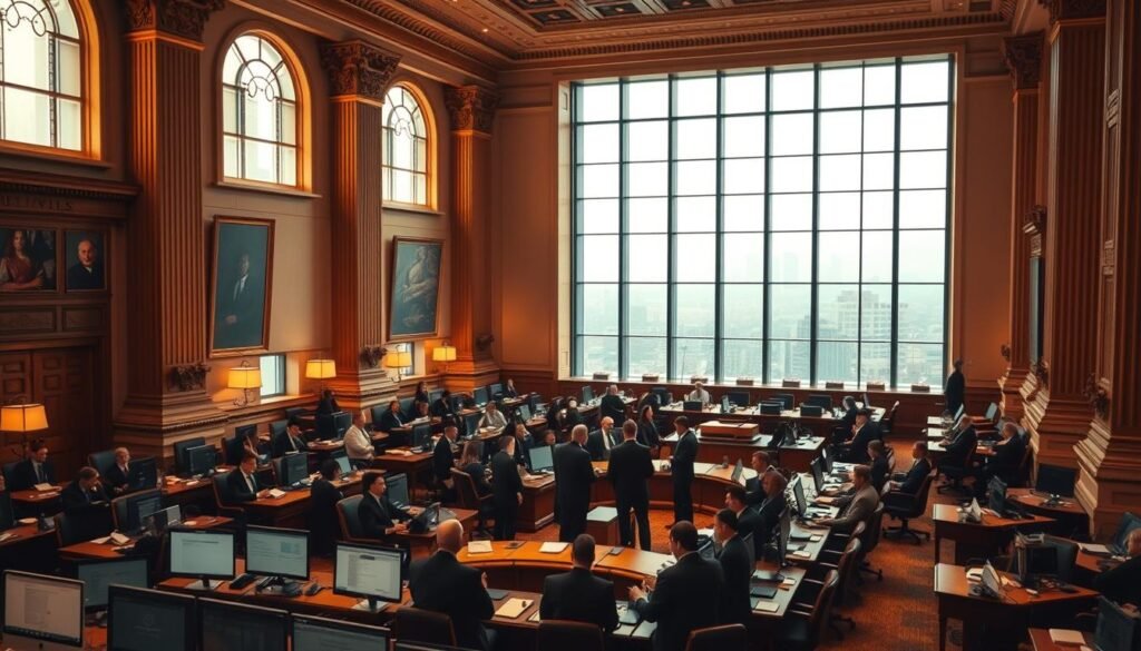 A vast government office interior, bathed in warm, ambient lighting from large windows. In the foreground, a group of professionals in business attire gathered around a conference table, deep in discussion. Detailed architectural elements like ornate columns and intricate woodwork create a sense of grandeur and authority. In the middle ground, rows of desks and computer monitors suggest the administrative machinery powering the contracting process. The background fades into a hazy, blurred cityscape visible through the windows, hinting at the broader context of public-private partnerships and government procurement. The overall mood is one of serious deliberation, professionalism, and the weight of public responsibility. A vast government office interior, bathed in warm, ambient lighting from large windows. In the foreground, a group of professionals in business attire gathered around a conference table, deep in discussion. Detailed architectural elements like ornate columns and intricate woodwork create a sense of grandeur and authority. In the middle ground, rows of desks and computer monitors suggest the administrative machinery powering the contracting process. The background fades into a hazy, blurred cityscape visible through the windows, hinting at the broader context of public-private partnerships and government procurement. The overall mood is one of serious deliberation, professionalism, and the weight of public responsibility.