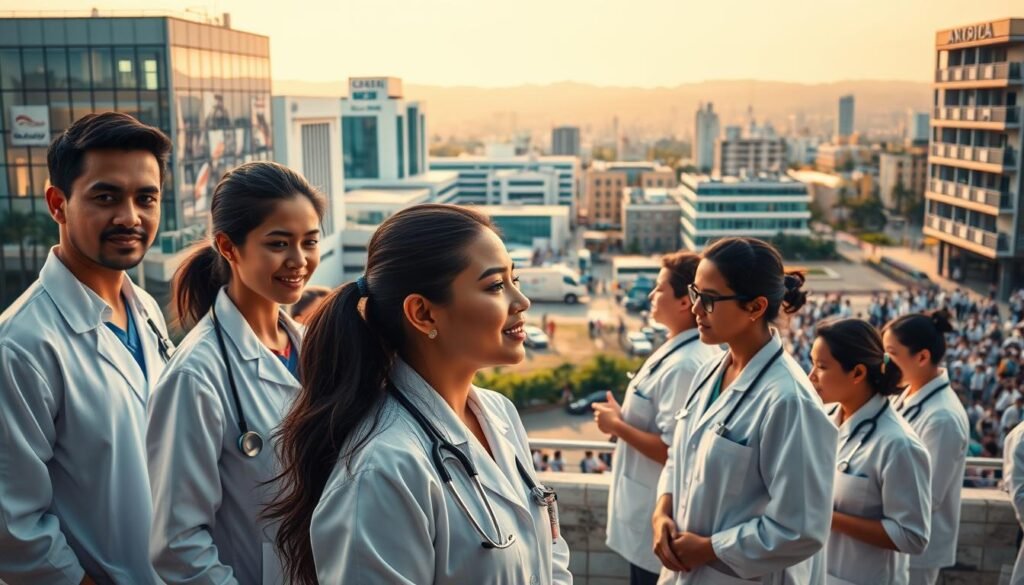 A vibrant and dynamic scene depicting key healthcare services in Colombia. In the foreground, a team of medical professionals in crisp white uniforms attends to patients, their faces expressing care and compassion. In the middle ground, various healthcare facilities come into view - modern hospitals with gleaming glass facades, community clinics, and pharmacies stocked with essential medicines. The background is filled with a bustling urban landscape, reflecting the integration of these vital services within the fabric of Colombian society. Warm, natural lighting bathes the scene, conveying a sense of comfort and trust. Careful framing and a wide-angle lens capture the breadth and importance of these "servicios salud" within the health sector. A vibrant and dynamic scene depicting key healthcare services in Colombia. In the foreground, a team of medical professionals in crisp white uniforms attends to patients, their faces expressing care and compassion. In the middle ground, various healthcare facilities come into view - modern hospitals with gleaming glass facades, community clinics, and pharmacies stocked with essential medicines. The background is filled with a bustling urban landscape, reflecting the integration of these vital services within the fabric of Colombian society. Warm, natural lighting bathes the scene, conveying a sense of comfort and trust. Careful framing and a wide-angle lens capture the breadth and importance of these "servicios salud" within the health sector.