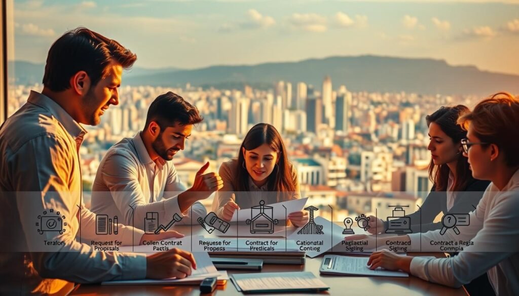 A vibrant, cinematic scene of the public procurement lifecycle in action. In the foreground, a team of professionals collaborates intently around a table, examining documents and gesturing animatedly. The middle ground showcases the various stages of the process, from request for proposals to contract signing, conveyed through iconic illustrations. In the background, a panoramic view of a bustling city skyline, hinting at the broader context and impact of these procurement activities. Warm, natural lighting illuminates the scene, creating a sense of productivity and progress. The overall composition conveys a hands-on, dynamic approach to navigating Colombia's public procurement landscape. A vibrant, cinematic scene of the public procurement lifecycle in action. In the foreground, a team of professionals collaborates intently around a table, examining documents and gesturing animatedly. The middle ground showcases the various stages of the process, from request for proposals to contract signing, conveyed through iconic illustrations. In the background, a panoramic view of a bustling city skyline, hinting at the broader context and impact of these procurement activities. Warm, natural lighting illuminates the scene, creating a sense of productivity and progress. The overall composition conveys a hands-on, dynamic approach to navigating Colombia's public procurement landscape.