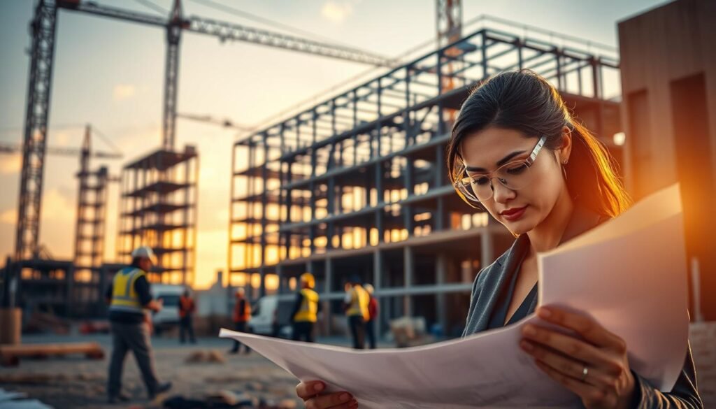A vibrant, detailed scene of a contract supervision (interventoría supervisión) process in progress. In the foreground, a professional-looking woman in business attire closely examines construction blueprints and documents, her brow furrowed in concentration. In the middle ground, construction workers diligently carry out their tasks, the site buzzing with activity. The background features a partially constructed building, its steel frame and scaffolding silhouetted against a warm, golden-hued sky. Warm, directional lighting casts dramatic shadows, highlighting the sense of progress and diligence. The overall atmosphere conveys a spirit of dedicated oversight and quality control, reflecting the stated goal of "overseeing compliance, control, and quality throughout the contract lifecycle". A vibrant, detailed scene of a contract supervision (interventoría supervisión) process in progress. In the foreground, a professional-looking woman in business attire closely examines construction blueprints and documents, her brow furrowed in concentration. In the middle ground, construction workers diligently carry out their tasks, the site buzzing with activity. The background features a partially constructed building, its steel frame and scaffolding silhouetted against a warm, golden-hued sky. Warm, directional lighting casts dramatic shadows, highlighting the sense of progress and diligence. The overall atmosphere conveys a spirit of dedicated oversight and quality control, reflecting the stated goal of "overseeing compliance, control, and quality throughout the contract lifecycle".