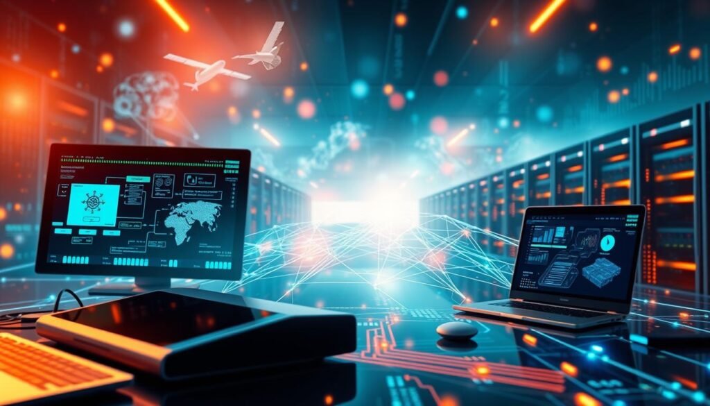 A vibrant, dynamic digital landscape showcasing the interconnected world of information and communications technologies. In the foreground, sleek, futuristic devices and interfaces symbolize the seamless flow of data and communication. The middle ground features intricate network diagrams and visualization models, depicting the intricate web of connectivity and interoperability. In the background, a hazy, ethereal backdrop of binary code, satellite imagery, and glowing server racks conveys the robust, ever-evolving infrastructure that powers the digital realm. Warm, diffused lighting casts a sense of warmth and accessibility, while the overall composition evokes a harmonious balance between technology and human interaction.