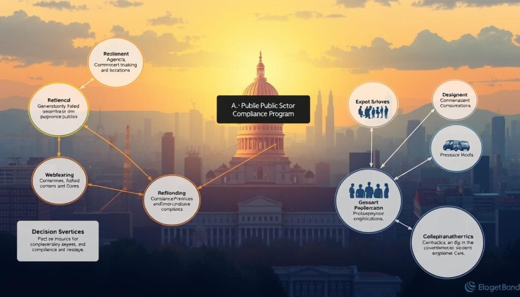 A vibrant, dynamic illustration depicting the key components of a resilient public sector compliance program for contracting and sanctions. In the foreground, a decision-making model materializes, with interconnected nodes representing the critical risk factors and compliance considerations. The middle ground showcases various government agencies and stakeholders engaged in collaborative decision-making, navigating the complexities of public sector contracts. In the background, a cityscape represents the broader economic and regulatory landscape, highlighting the need for a comprehensive, adaptable approach. Subtle lighting and a color palette that evokes professionalism and authority set the tone. The overall composition conveys the importance of a well-structured, resilient compliance program in the public sector contracting arena. A vibrant, dynamic illustration depicting the key components of a resilient public sector compliance program for contracting and sanctions. In the foreground, a decision-making model materializes, with interconnected nodes representing the critical risk factors and compliance considerations. The middle ground showcases various government agencies and stakeholders engaged in collaborative decision-making, navigating the complexities of public sector contracts. In the background, a cityscape represents the broader economic and regulatory landscape, highlighting the need for a comprehensive, adaptable approach. Subtle lighting and a color palette that evokes professionalism and authority set the tone. The overall composition conveys the importance of a well-structured, resilient compliance program in the public sector contracting arena.