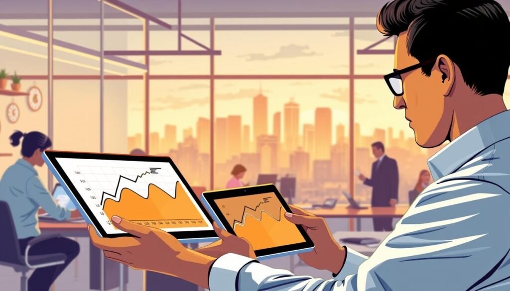 A vibrant illustration of the "Metodología por etapas: de los primeros pasos al fortalecimiento" section, depicting the concept of "seguimiento" or progress tracking. In the foreground, a determined business owner carefully monitors a dynamic graph displayed on a sleek tablet, visualizing the steps taken and growth achieved. The middle ground showcases a bustling office environment, with colleagues collaborating and documents being reviewed, all illuminated by warm, focused lighting. In the background, a city skyline emerges, symbolizing the broader economic landscape in which the PYME operates. The overall atmosphere conveys a sense of diligence, progress, and the rewarding journey of navigating public procurement in Colombia. A vibrant illustration of the "Metodología por etapas: de los primeros pasos al fortalecimiento" section, depicting the concept of "seguimiento" or progress tracking. In the foreground, a determined business owner carefully monitors a dynamic graph displayed on a sleek tablet, visualizing the steps taken and growth achieved. The middle ground showcases a bustling office environment, with colleagues collaborating and documents being reviewed, all illuminated by warm, focused lighting. In the background, a city skyline emerges, symbolizing the broader economic landscape in which the PYME operates. The overall atmosphere conveys a sense of diligence, progress, and the rewarding journey of navigating public procurement in Colombia.