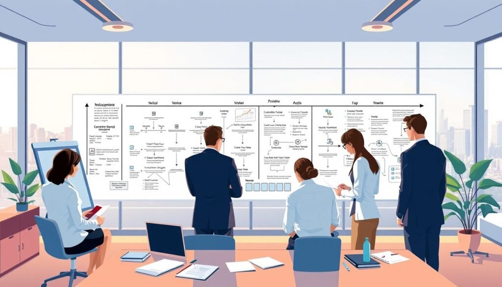A vibrant illustration showcasing the "Metodología de trabajo: pasos para navegar un proceso de contratación con éxito". Set in a clean, modern office environment, the scene depicts a professional team collaborating on a public procurement project. In the foreground, a group of business executives huddle around a large desk, reviewing documents and discussing strategies. The middle ground features a whiteboard filled with flow diagrams, timelines, and checklists, guiding the process. In the background, a panoramic window offers a view of a bustling city skyline, symbolizing the broader context of public contracting. The lighting is warm and inviting, creating a sense of productivity and focus. The overall mood conveys a sense of organization, expertise, and a methodical approach to navigating the intricacies of public procurement. A vibrant illustration showcasing the "Metodología de trabajo: pasos para navegar un proceso de contratación con éxito". Set in a clean, modern office environment, the scene depicts a professional team collaborating on a public procurement project. In the foreground, a group of business executives huddle around a large desk, reviewing documents and discussing strategies. The middle ground features a whiteboard filled with flow diagrams, timelines, and checklists, guiding the process. In the background, a panoramic window offers a view of a bustling city skyline, symbolizing the broader context of public contracting. The lighting is warm and inviting, creating a sense of productivity and focus. The overall mood conveys a sense of organization, expertise, and a methodical approach to navigating the intricacies of public procurement.