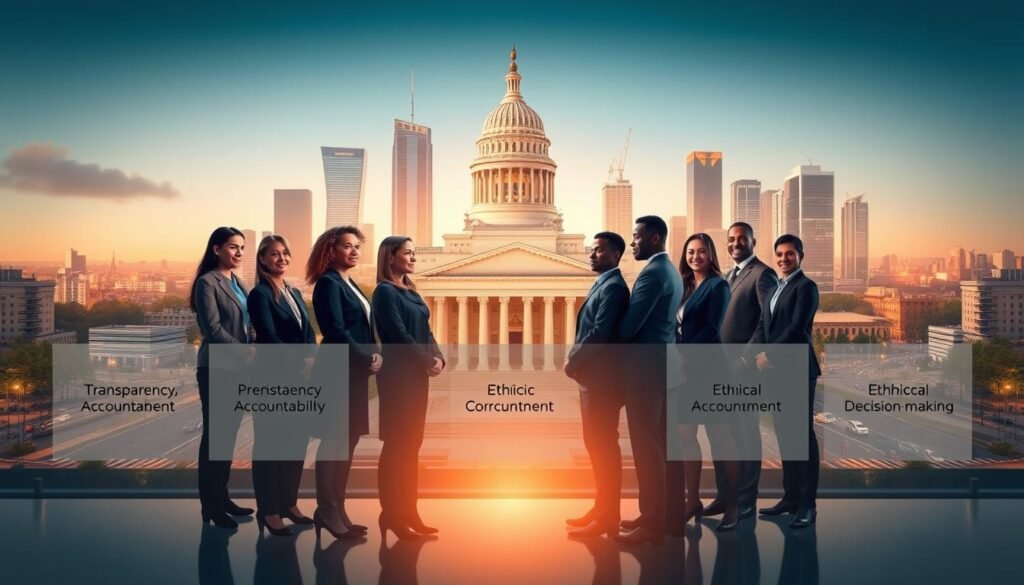 A well-designed government integrity model, showcasing a solid foundation of transparency, accountability, and ethical decision-making. In the foreground, a group of diverse public officials standing together, their expressions conveying a sense of collaboration and shared purpose. The middle ground features a sleek, modern government building, its architecture exemplifying the principles of good governance. In the background, a cityscape with towering skyscrapers and bustling streets, symbolizing the vibrant ecosystem in which the government operates. The lighting is soft and warm, casting a glow that evokes a sense of trust and stability. The overall scene conveys a harmonious balance between the individual, the institution, and the greater community, reflecting the core values of a government committed to serving the public interest. A well-designed government integrity model, showcasing a solid foundation of transparency, accountability, and ethical decision-making. In the foreground, a group of diverse public officials standing together, their expressions conveying a sense of collaboration and shared purpose. The middle ground features a sleek, modern government building, its architecture exemplifying the principles of good governance. In the background, a cityscape with towering skyscrapers and bustling streets, symbolizing the vibrant ecosystem in which the government operates. The lighting is soft and warm, casting a glow that evokes a sense of trust and stability. The overall scene conveys a harmonious balance between the individual, the institution, and the greater community, reflecting the core values of a government committed to serving the public interest.