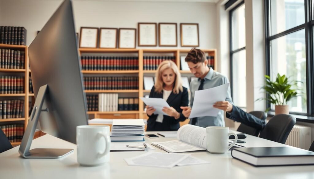 A well-lit office interior, showcasing a team of professionals engaged in state contracting processes. In the foreground, a desk with a computer, legal documents, and a mug of coffee. In the middle ground, two colleagues collaborating on a contract, using a tablet and referring to printed materials. The background features shelves of law books and framed certificates, conveying expertise and authority. Soft, natural lighting filters in through large windows, creating a professional and productive atmosphere. The scene embodies the diligence, attention to detail, and collaborative nature of the state contracting consulting services offered. A well-lit office interior, showcasing a team of professionals engaged in state contracting processes. In the foreground, a desk with a computer, legal documents, and a mug of coffee. In the middle ground, two colleagues collaborating on a contract, using a tablet and referring to printed materials. The background features shelves of law books and framed certificates, conveying expertise and authority. Soft, natural lighting filters in through large windows, creating a professional and productive atmosphere. The scene embodies the diligence, attention to detail, and collaborative nature of the state contracting consulting services offered.