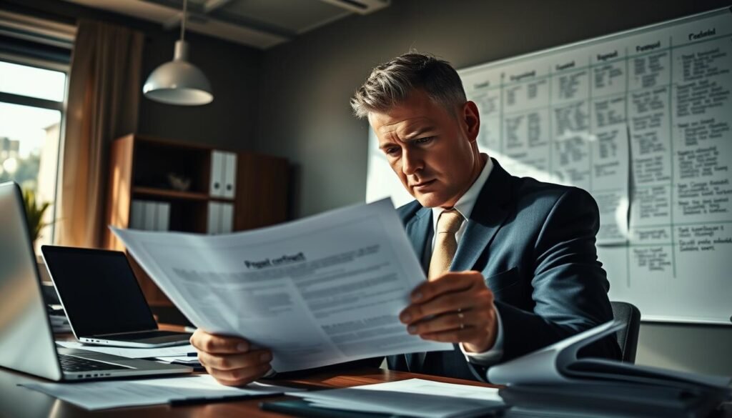 A well-lit office interior with a desk, laptop, and various documents and contracts spread out. In the foreground, a person in a suit is closely examining a contract, brow furrowed in concentration. Behind them, a large whiteboard displays a detailed project timeline and notes. The atmosphere is one of focused professionalism, with subtle hints of the Colombia setting visible through a window in the background. Dramatic, directional lighting casts shadows and highlights the key elements, emphasizing the seriousness and importance of the contract audit and oversight process. A well-lit office interior with a desk, laptop, and various documents and contracts spread out. In the foreground, a person in a suit is closely examining a contract, brow furrowed in concentration. Behind them, a large whiteboard displays a detailed project timeline and notes. The atmosphere is one of focused professionalism, with subtle hints of the Colombia setting visible through a window in the background. Dramatic, directional lighting casts shadows and highlights the key elements, emphasizing the seriousness and importance of the contract audit and oversight process.