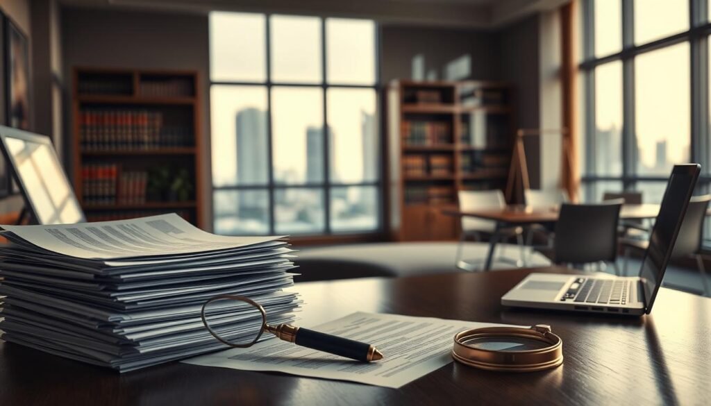A well-lit office setting with a large desk in the foreground. On the desk, stacks of documents, a laptop, and a magnifying glass, conveying a sense of thorough analysis and investigation. In the middle ground, a bookshelf with legal volumes and a conference table with chairs, suggesting an environment of legal consultation and public sector proceedings. The background features large windows overlooking a cityscape, creating an atmosphere of professionalism and importance. Soft, warm lighting illuminates the scene, underscoring the gravity and diligence of the due diligence process in public sector contracts. A well-lit office setting with a large desk in the foreground. On the desk, stacks of documents, a laptop, and a magnifying glass, conveying a sense of thorough analysis and investigation. In the middle ground, a bookshelf with legal volumes and a conference table with chairs, suggesting an environment of legal consultation and public sector proceedings. The background features large windows overlooking a cityscape, creating an atmosphere of professionalism and importance. Soft, warm lighting illuminates the scene, underscoring the gravity and diligence of the due diligence process in public sector contracts.