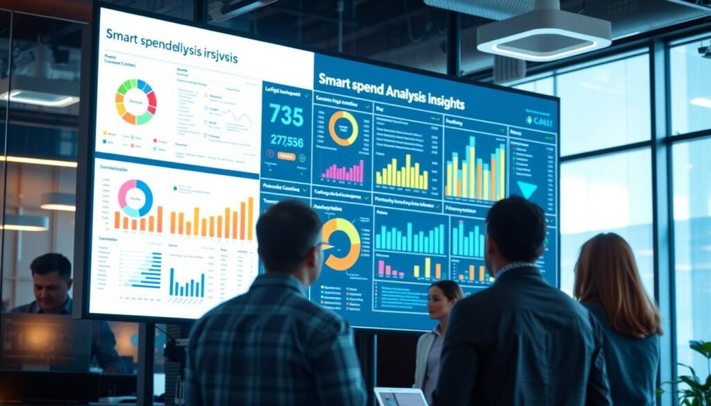 A well-lit, wide-angle view of a modern office space, with a large display screen showcasing a detailed data visualization dashboard. The dashboard features colorful graphs, charts, and tables, presenting comprehensive "smart spend analysis" insights. In the foreground, a team of business analysts intently reviewing the information, their faces illuminated by the screen's glow. The middle ground captures the collaborative atmosphere, with colleagues engaged in discussion and sharing insights. The background subtly blurs, emphasizing the focus on the analytical tools and decision-making process. The overall scene conveys a sense of informed, data-driven optimization of procurement strategies and risk mitigation. A well-lit, wide-angle view of a modern office space, with a large display screen showcasing a detailed data visualization dashboard. The dashboard features colorful graphs, charts, and tables, presenting comprehensive "smart spend analysis" insights. In the foreground, a team of business analysts intently reviewing the information, their faces illuminated by the screen's glow. The middle ground captures the collaborative atmosphere, with colleagues engaged in discussion and sharing insights. The background subtly blurs, emphasizing the focus on the analytical tools and decision-making process. The overall scene conveys a sense of informed, data-driven optimization of procurement strategies and risk mitigation.