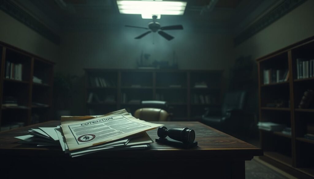 An ominous backdrop of a dimly lit government office, the air thick with tension. In the foreground, a tattered contract sits on an oak desk, surrounded by a stack of legal documents and a menacing-looking stamp. Overhead, a single fluorescent light casts an eerie glow, casting shadows that seem to loom over the scene. The walls are lined with shelves, their contents obscured by a sense of foreboding. The mood is one of bureaucratic inertia and the looming threat of financial consequences. A scene that captures the essence of "sanctioning dynamics: embargo, detrimento, and coactive collection." An ominous backdrop of a dimly lit government office, the air thick with tension. In the foreground, a tattered contract sits on an oak desk, surrounded by a stack of legal documents and a menacing-looking stamp. Overhead, a single fluorescent light casts an eerie glow, casting shadows that seem to loom over the scene. The walls are lined with shelves, their contents obscured by a sense of foreboding. The mood is one of bureaucratic inertia and the looming threat of financial consequences. A scene that captures the essence of "sanctioning dynamics: embargo, detrimento, and coactive collection."