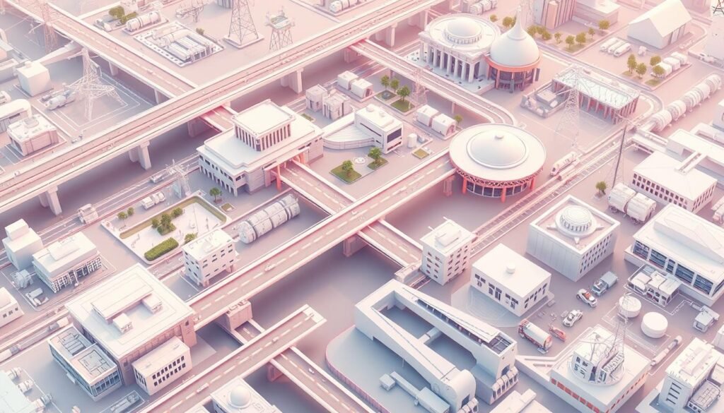 Detailed digital illustration of various infrastructure project sectors, including transportation networks, energy facilities, water management systems, and telecommunications infrastructure. The scene should convey a sense of interconnectedness and integration, with smooth transitions between the different elements. Utilize a clean, technical aesthetic with emphasis on architectural forms, engineering diagrams, and technical schematics. Incorporate a soft, neutral color palette to create a professional, informative tone. Employ a high-angle perspective to provide an expansive overview of the integrated infrastructure landscape. Detailed digital illustration of various infrastructure project sectors, including transportation networks, energy facilities, water management systems, and telecommunications infrastructure. The scene should convey a sense of interconnectedness and integration, with smooth transitions between the different elements. Utilize a clean, technical aesthetic with emphasis on architectural forms, engineering diagrams, and technical schematics. Incorporate a soft, neutral color palette to create a professional, informative tone. Employ a high-angle perspective to provide an expansive overview of the integrated infrastructure landscape.