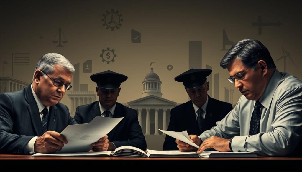 Detailed image of administrative sanctioning processes in public procurement in Colombia. Foreground depicts government officials reviewing contracts and documents, with stern expressions. Middle ground shows abstract shapes and symbols representing legal procedures, compliance, and potential penalties. Background features a muted color palette of government buildings and infrastructure, conveying a sense of gravity and importance. Lighting is subdued, with a slight chiaroscuro effect to create depth and focus the viewer's attention. Composition has a formal, official tone, emphasizing the serious nature of the subject matter. Overall, the image should visually communicate the complex legal and regulatory environment surrounding public sector contracting in Colombia. Detailed image of administrative sanctioning processes in public procurement in Colombia. Foreground depicts government officials reviewing contracts and documents, with stern expressions. Middle ground shows abstract shapes and symbols representing legal procedures, compliance, and potential penalties. Background features a muted color palette of government buildings and infrastructure, conveying a sense of gravity and importance. Lighting is subdued, with a slight chiaroscuro effect to create depth and focus the viewer's attention. Composition has a formal, official tone, emphasizing the serious nature of the subject matter. Overall, the image should visually communicate the complex legal and regulatory environment surrounding public sector contracting in Colombia.
