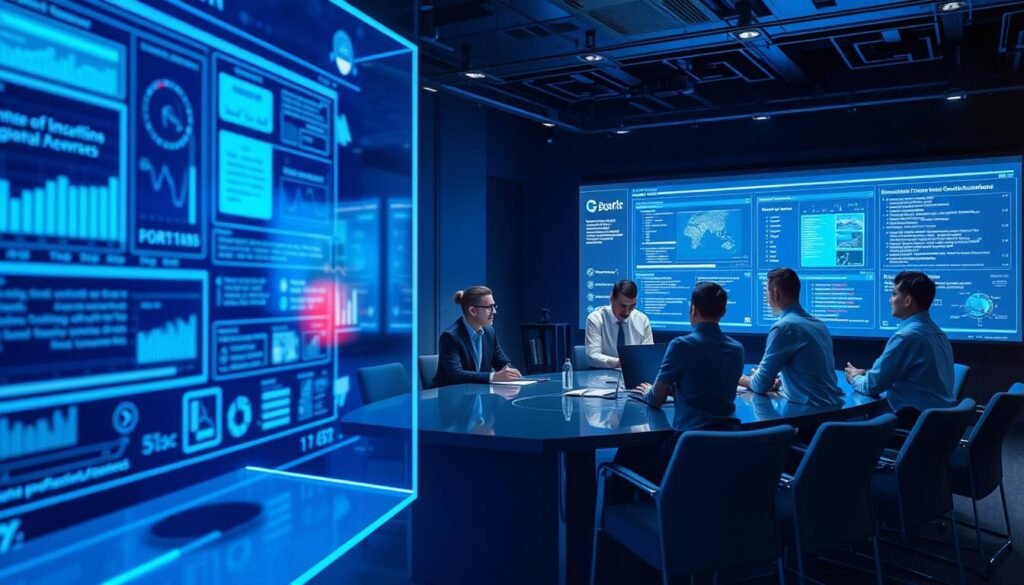 Detailed scene of a state procurement process using advanced technology. In the foreground, a large holographic display shows data visualizations and analytics related to contract bidding. In the middle ground, government officials and representatives from small and medium-sized enterprises (SMEs) discuss contract terms and requirements around a curved conference table, their faces illuminated by the blue-tinted lighting. In the background, a state-of-the-art digital platform displays real-time updates and notifications, with AI-powered recommendations to guide the procurement process. An atmosphere of collaboration, efficiency, and technological innovation pervades the scene. Detailed scene of a state procurement process using advanced technology. In the foreground, a large holographic display shows data visualizations and analytics related to contract bidding. In the middle ground, government officials and representatives from small and medium-sized enterprises (SMEs) discuss contract terms and requirements around a curved conference table, their faces illuminated by the blue-tinted lighting. In the background, a state-of-the-art digital platform displays real-time updates and notifications, with AI-powered recommendations to guide the procurement process. An atmosphere of collaboration, efficiency, and technological innovation pervades the scene.