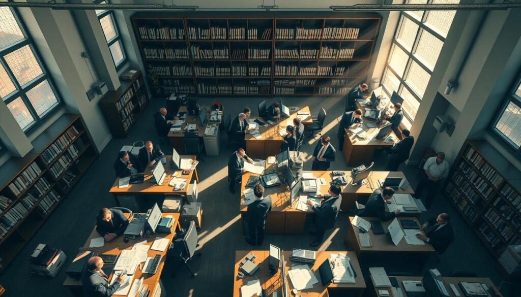Dramatic overhead view of a bustling government office, sunlight streaming through the large windows illuminating an intricate web of desks, files, and digital displays. In the foreground, officials in crisp suits review contracts, their faces etched with focused intensity. The middle ground teems with activity - clerks rushing between departments, supervisors conferring over spreadsheets, the faint hum of keyboard strokes. In the background, a towering bookshelf filled with thick binders hints at the scale and complexity of public procurement processes. An atmosphere of professional diligence permeates the scene, underscoring the importance of transparency in this crucial government function. Dramatic overhead view of a bustling government office, sunlight streaming through the large windows illuminating an intricate web of desks, files, and digital displays. In the foreground, officials in crisp suits review contracts, their faces etched with focused intensity. The middle ground teems with activity - clerks rushing between departments, supervisors conferring over spreadsheets, the faint hum of keyboard strokes. In the background, a towering bookshelf filled with thick binders hints at the scale and complexity of public procurement processes. An atmosphere of professional diligence permeates the scene, underscoring the importance of transparency in this crucial government function.