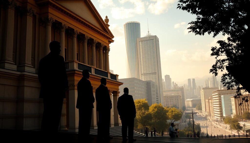 Entidades vigiladas: a meticulously rendered scene depicting the watchful presence of Colombia's Superintendencia Financiera over the country's financial system. In the foreground, a grand, imposing building with classical architecture and an air of authority. Shadowy figures, the supervisors, stand vigilant at its entrance, their gazes intense and unwavering. The middle ground showcases the bustling activity of the financial district, with towering skyscrapers and the hustle of pedestrians and vehicles. In the background, a panoramic view of Bogotá's skyline, a testament to the Superintendencia's reach and influence. The lighting is warm yet stern, casting a sense of gravitas and responsibility over the scene. The overall composition conveys the Superintendencia's vital role in safeguarding Colombia's financial stability and prosperity. Entidades vigiladas: a meticulously rendered scene depicting the watchful presence of Colombia's Superintendencia Financiera over the country's financial system. In the foreground, a grand, imposing building with classical architecture and an air of authority. Shadowy figures, the supervisors, stand vigilant at its entrance, their gazes intense and unwavering. The middle ground showcases the bustling activity of the financial district, with towering skyscrapers and the hustle of pedestrians and vehicles. In the background, a panoramic view of Bogotá's skyline, a testament to the Superintendencia's reach and influence. The lighting is warm yet stern, casting a sense of gravitas and responsibility over the scene. The overall composition conveys the Superintendencia's vital role in safeguarding Colombia's financial stability and prosperity.